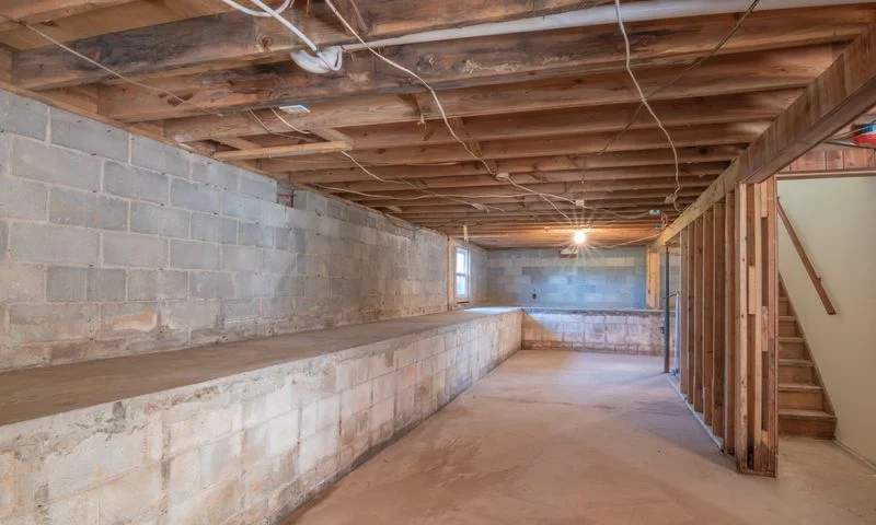 Unfinished basement with concrete block walls, exposed wooden beams, and stairs - ready for renovation