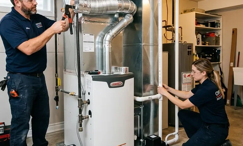 Two technicians installing a high-efficiency gas furnace in a basement utility room