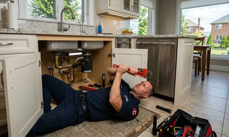 Plumber working under a kitchen sink