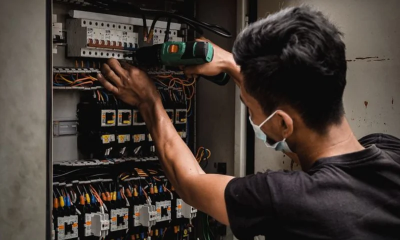 Electrician diagnosing wiring inside an electrical panel